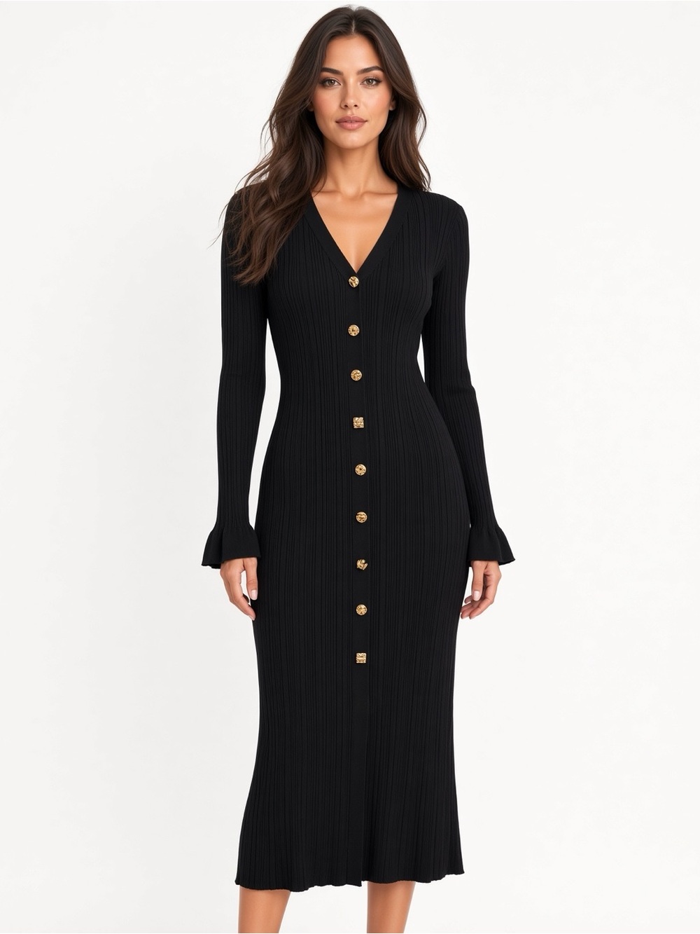 Black Ribbed Knit V-Neck Midi Dress – Size S